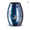Glasfiber urn, donkerblauw met vlinders van parelmoer