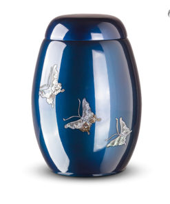 Glasfiber urn, donkerblauw met vlinders van parelmoer