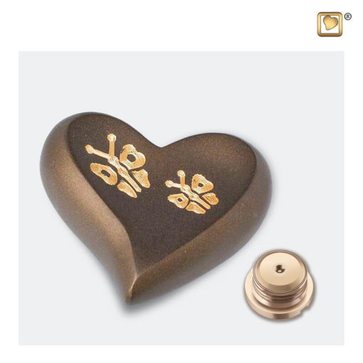 Mini urn hart vlinder bruin met goud H543 schroefdop