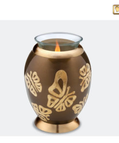 Premium urn waxinelichthouder vlinders bruin met goud T543